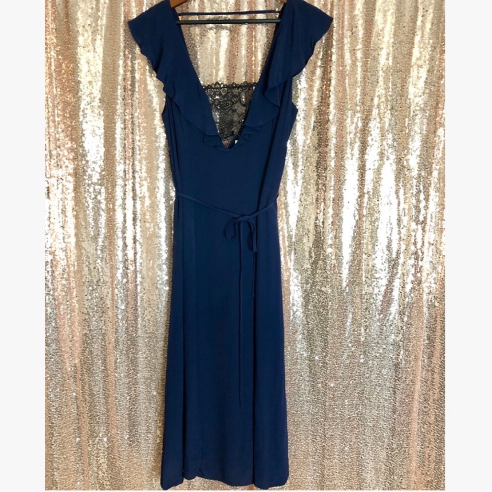 Navy Blue & Black Lace Plunging Double Split Hem Midi Slip Dress - Picture 7 of 10